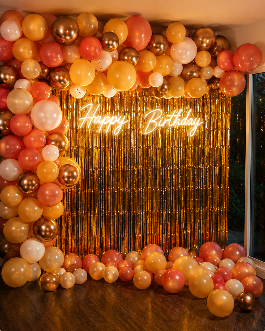 Gold birthday balloon backdrop with neon sign