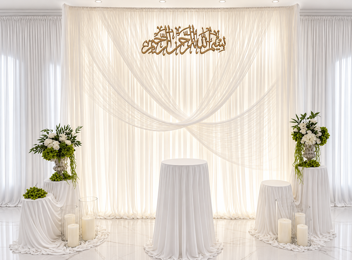 Illumina Events drape backdrop with floral arrangements